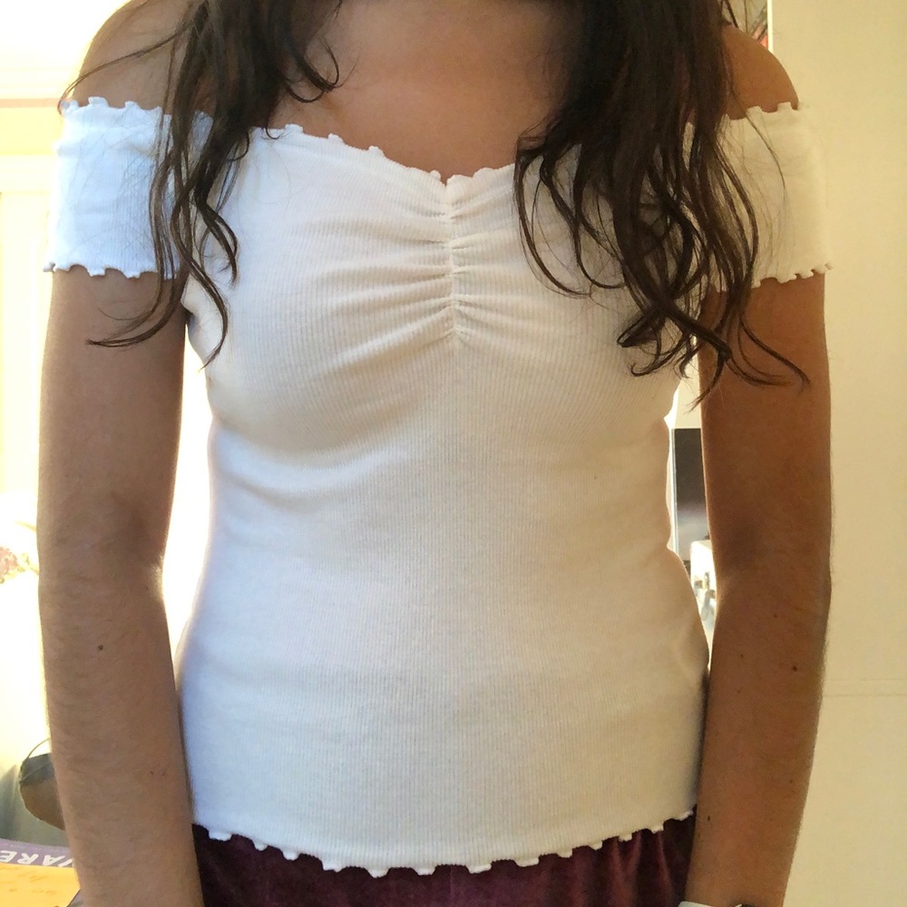 white garage off the shoulders top